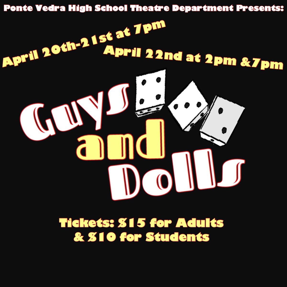 pvsharks2017's tweet photo. Come to the spring musical, GUYS AND DOLLS! Showing Thurs, Fri, &amp; Sat at 7PM &amp; 2PM on Sat. Student tickets are $10 &amp; adult tickets are $15!! https://t.co/Np5ma0PdJj