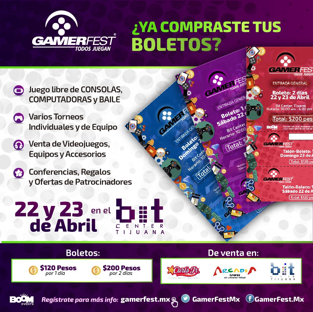 GamerFestMx's tweet photo. GamerFest Tijuana 👍
Este fin de semana 22 y 23 de Abril.
Ya compraste tus Boletos ??
En Venta en Carls Jr., Arcadia´s, BIT Center https://t.co/OX8SBBBoBS