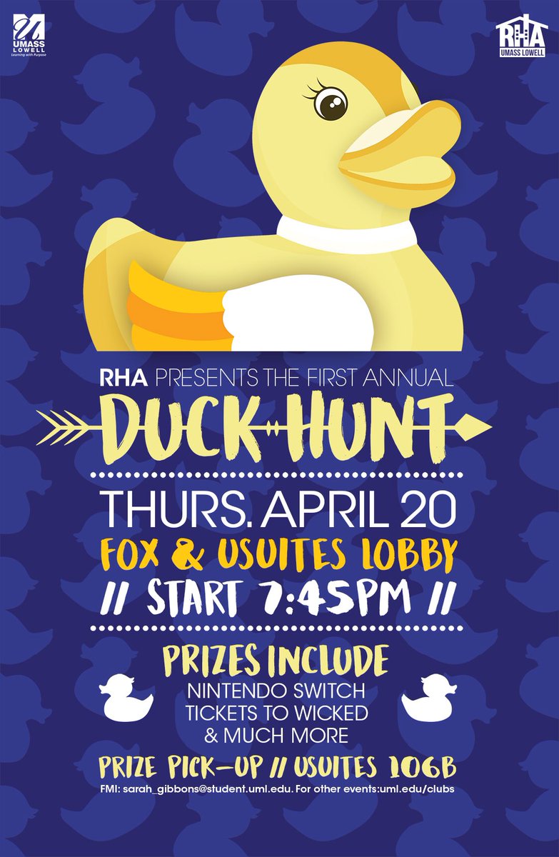 uml_rha's tweet image. Join RHA for the first Annual UMass Lowell Duck Hunt on Thursday! Use #UMLduckhunt to share your pictures!