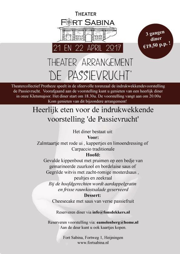 Dat is leuk! Smullen en genieten op 't fort met theaterarrangement De Passievrucht op 21 + 22 april. Welkom! Zie ook facebook.com/fortsabinahenr…