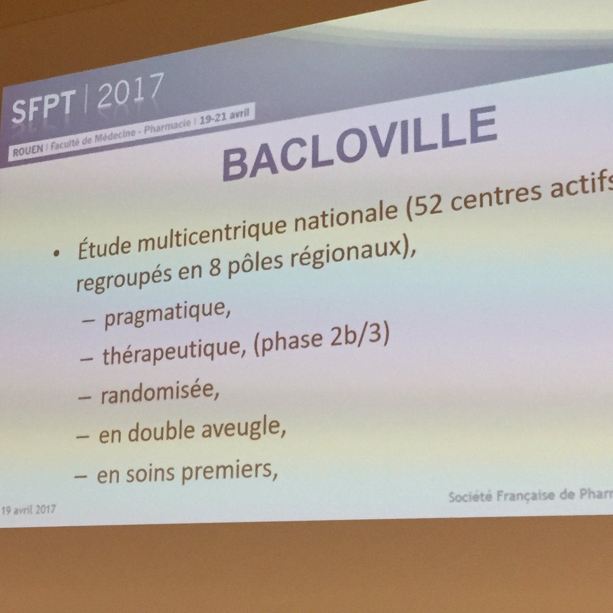 SFPT_fr's tweet photo. Après les résultats de l'étude ALPADIR, présentation des résultats de l'étude BACLOVILLE par P.Jaury. #Baclofene 💊#SFPT2017 https://t.co/SOSQlTSnTV
