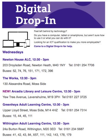 ManAdultEd's tweet photo. Need help using computers? #DigitalDropins today in #NewtonHeath, #MossSide, #Levenshulme & #Withington: https://t.co/u7RNuXeWZY https://t.co/Acy4Wdm91q