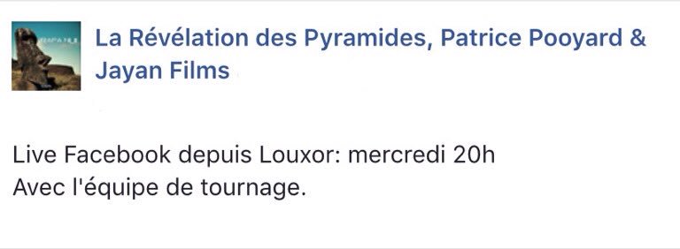 La Révélation des Pyramides @PATRICEPOOYARD & Jayan Films 
#LiveFacebook depuis Louxor: mercredi 20h
Ici : facebook.com/jayanfilms/pos…