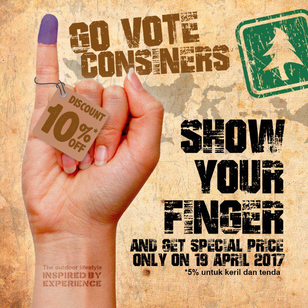 ConsinaOfficial's tweet image. Tunjukkan jarimu dan dapatkan 10% off on most items! Hanya berlaku hari ini di Consina Stores Jakarta #PilkadaDKI #Consiners
