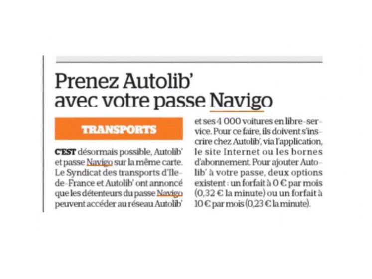IDFmobilites's tweet image. Accédez à Autolib' avec votre Pass #Navigo ! Un nouveau service proposé par le STIF pr faciliter la mobilité en @iledefrance ! @le_Parisien