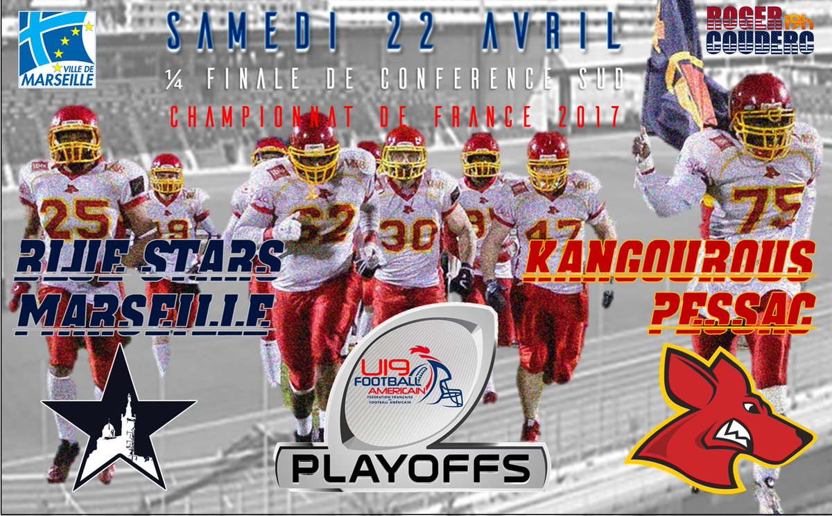 <a href="/Kangs_pessac/">Kangourous de Pessac</a>
🏈 GAME DAY
🇫🇷 U19 1/4 Finale conférence Sud
📅 22 Avril 2017
🆚 <a href="/bluestarsmars/">Blue Stars Marseille</a>
⏰ 19h00
📌 MARSEILLE Roger Couderc