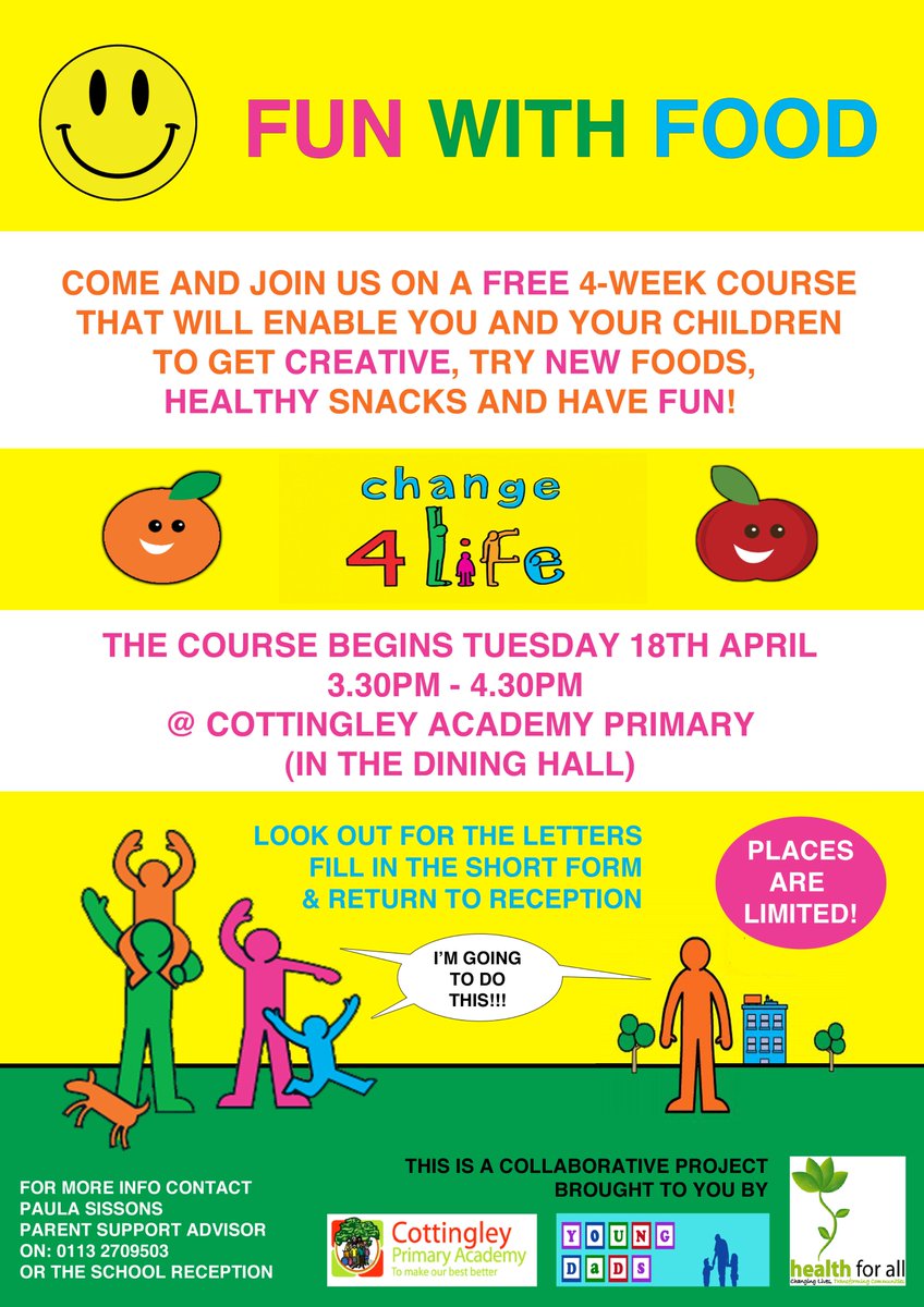Fun with Food course @ Cottingley Primary Academy Tuesday afternoons 4 next 3 weeks. This FREE course is 4 parents &amp; primary school children