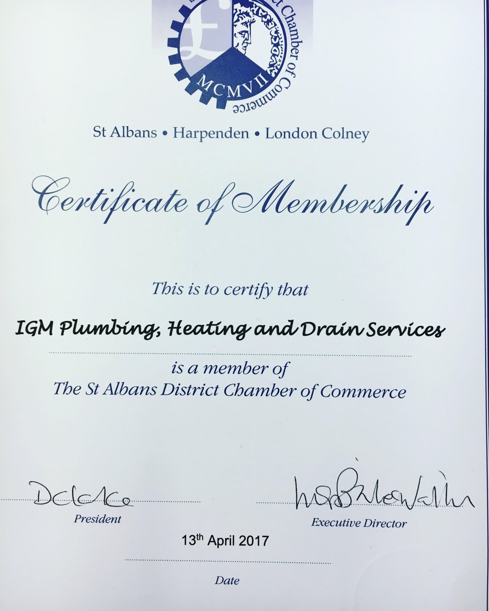 IGM_Plumbing's tweet photo. Our official certificate of membership to the St Albans district chamber of commerce!!! #certificate #igm #members #stalbans https://t.co/nm181VxWTJ