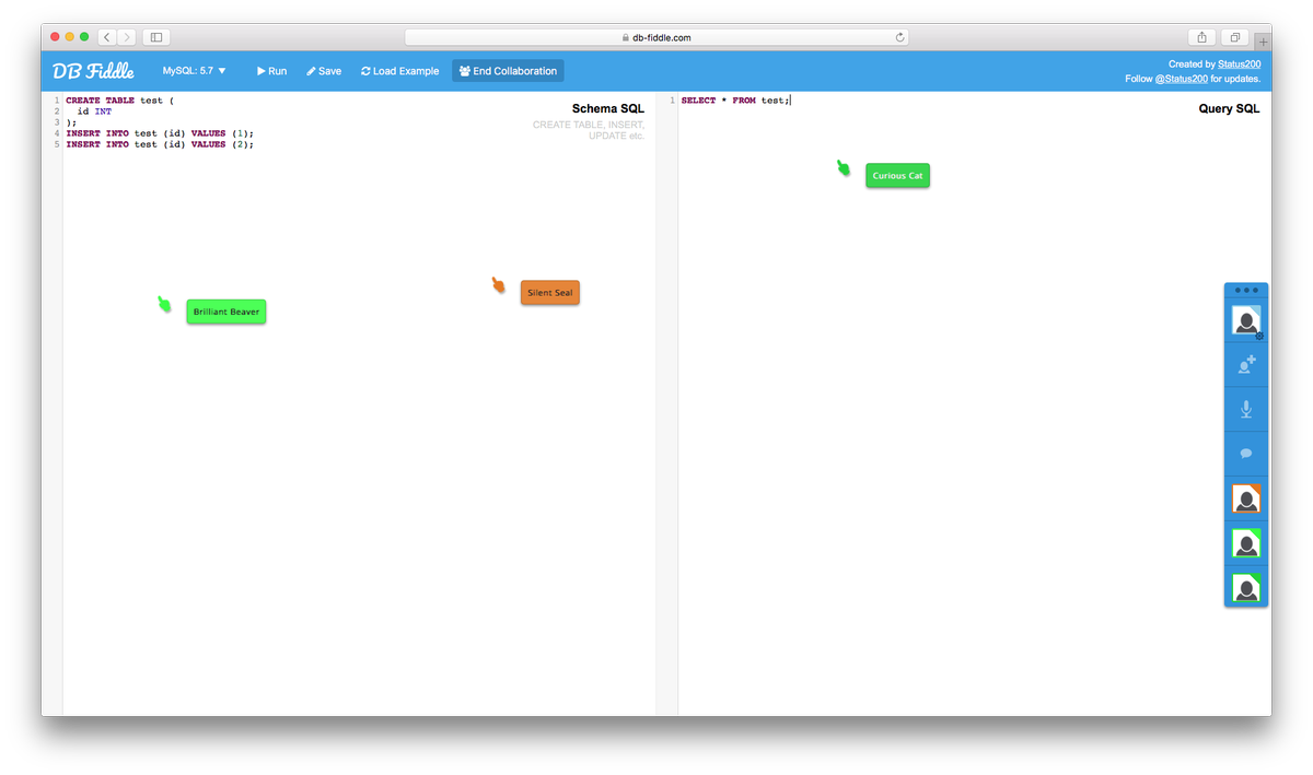 Status200's tweet image. DB Fiddle now has real-time collaboration with others! db-fiddle.com #emberjs #sql #sqlfiddle #togetherjs #realtime #collaborate
