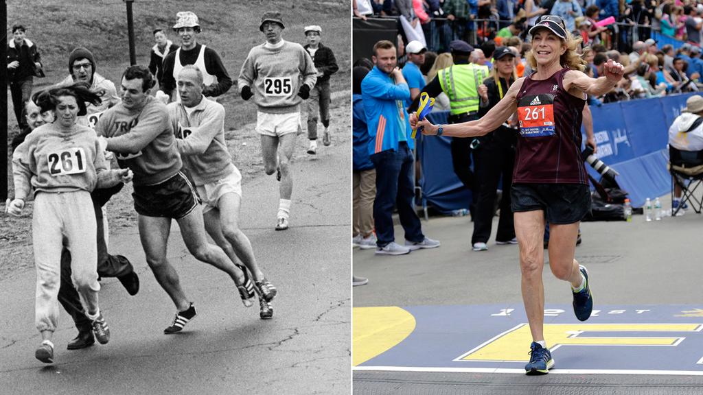 Chihiro 男性限定だったボストンマラソンを初めて完走した女性ランナーのキャサリン シュワイツァーさんが50年の時を経て再び完走 1967年イニシャル登録で性別を隠して参加し 運営側に排除されそうになるものの周りの走者に守られて無事に完走