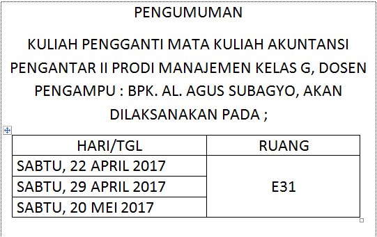 #PENGUMUMAN_KULIAH_PENGGANTI MATA KULIAH AKUNTANSI PENGANTAR PRODI MANAJEMEN KELAS G, DOSEN PENGAMPU : BPK. AL AGUS SUBAGYO