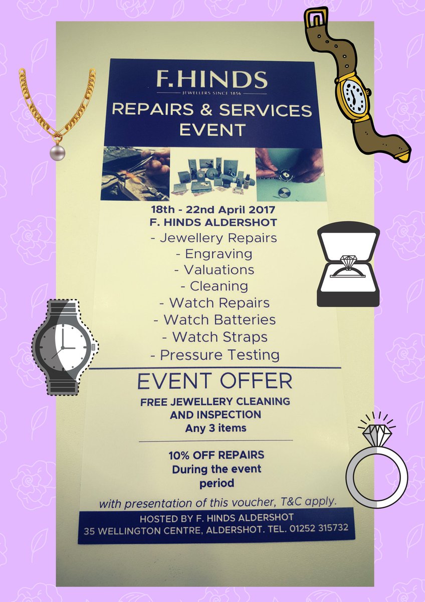 shopwellington's tweet photo. @fhindsjewellers #repairs &amp; #services Event.  FREE #jewellery cleaning. Pick up a leaflet from outside the store on #uppermall #aldershot https://t.co/S0AlHzLFKZ