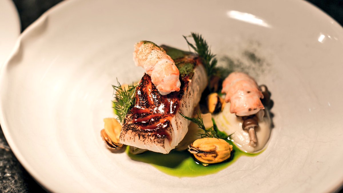 Miso glazed cod, langoustine, mussels, kimchi, kombu dashi to pour