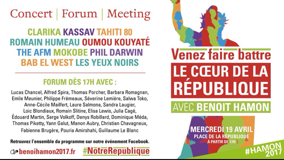 #Hamon2017 #NotreRepublique Le programme complet du grand rassemblement de ce soir avec @benoithamon : concert, forum et meeting