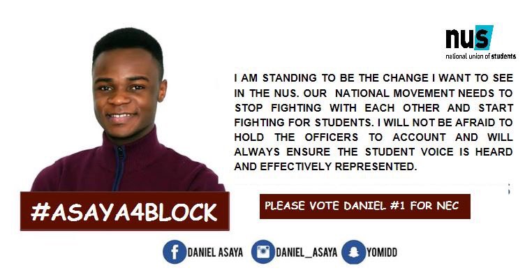 SUBUPresident's tweet image. Want an NEC member that'll always spk up &amp;amp; nt b afraid 2 hold d officers 2 acct?If yes, den Pls vote Daniel 4 BLOCK@ #nusnc17 #NUSConference