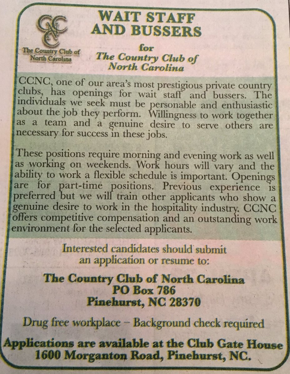 Pinecrest_CTE (@pinecrest_cte) on Twitter photo Wait staff and bussers needed part-time at Country Club of NC <a href="/Pinecrest_MCS/">Pinecrest High, NC</a> <a href="/PinecrestSGA/">Pinecrest SGA</a> <a href="/phsHunterSafety/">PHS Hunter Safety</a> <a href="/Pinecrest_FFA/">Pinecrest FFA</a> #CTEWorks Wait staff and bussers needed part-time at Country Club of NC <a href="/Pinecrest_MCS/">Pinecrest High, NC</a> <a href="/PinecrestSGA/">Pinecrest SGA</a> <a href="/phsHunterSafety/">PHS Hunter Safety</a> <a href="/Pinecrest_FFA/">Pinecrest FFA</a> #CTEWorks