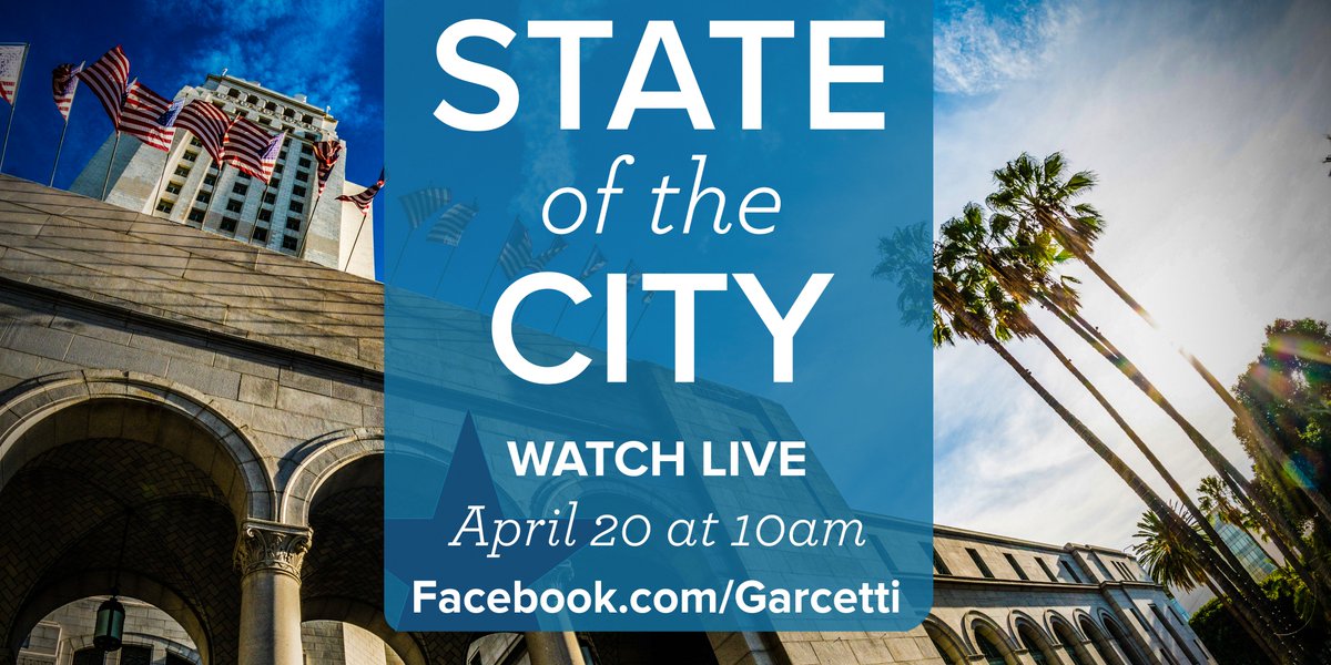 MayorOfLA's tweet photo. WATCH LIVE on Facebook tomorrow @ 10AM as Mayor Garcetti delivers his annual State of the City address. #SOTC2017

📺https://t.co/RV0LhsNDyp https://t.co/K4G87XjQ4w