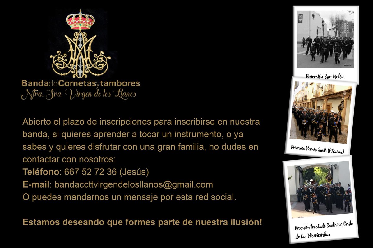 CTVirgenLlanos's tweet photo. Abierto el plazo para apuntarse a nuestra banda. https://t.co/7h2IBD2Mrk