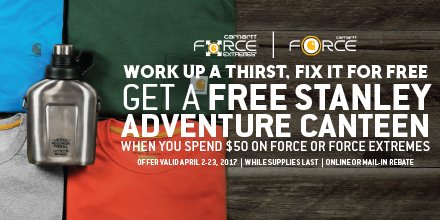 ContractorCloth's tweet photo. Grab a FREE @StanleyBrand canteen with your @Carhartt force or force extremes purchase of $50 or more. In store only. https://t.co/1zu1iP5bYw