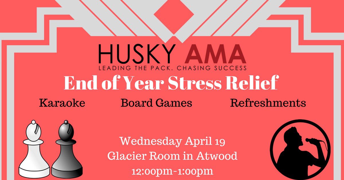 HuskyAMA's tweet image. Head on to the Glacier Room in Atwood today for our end of the year stress relief event. There will be music, games, and refreshments.