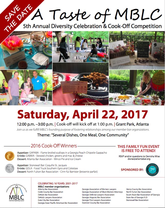 GABWAESQ's tweet image. Saturday, April 22nd, join #GABWA at the #MBLC Cook Off &amp;amp; Picnic! Bring your canned goods for the #GeorgiaLegalFoodFrenzy