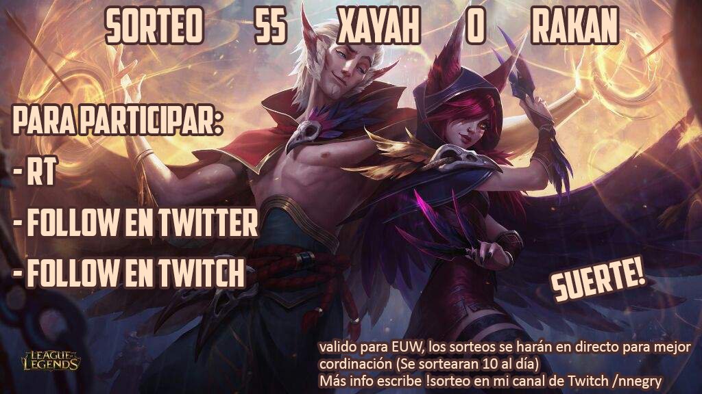 nnegry's tweet photo. 🎁 Sorteo 55 Xayah o Rakan 🎁

Para participar:

- RT
- Follow en Twitter
- Follow en Twitch 

Suerte! 
https://t.co/MZMSuP1sou https://t.co/e9mxABcFLY