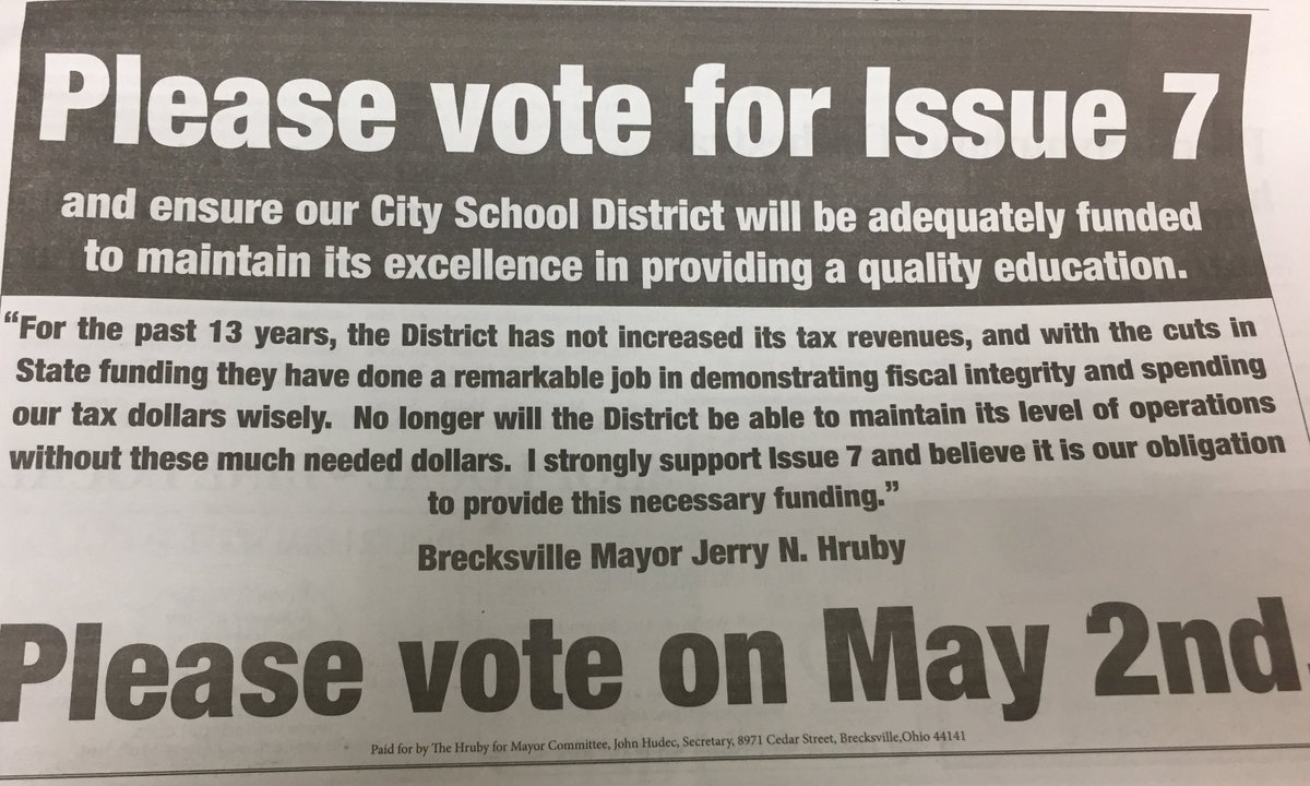 support_bbh's tweet photo. Brecksville Mayor Jerry N. Hruby has endorsed the Issue 7 school levy in the April 19th Gazette! Please vote YES on May 2nd. https://t.co/peTOAWV9e1