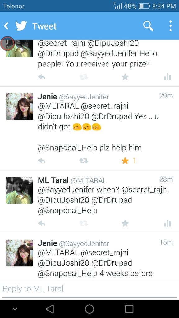 MLTARAL's tweet photo. @1kunalbahl @Snapdeal_Help Hello! I haven't received my contest prize.. Here is the tweet.. https://t.co/EMXtE25eUY https://t.co/dsVR73Uys2