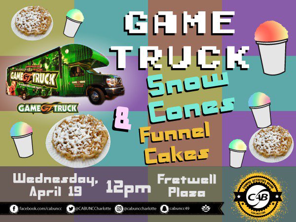 CLTStudentUnion's tweet photo. Game truck, Snow Cones & Funnel Cakes has been moved to COED/CHHS Plaza! See you there! #uncc #unccunion https://t.co/dKtZuB4l91