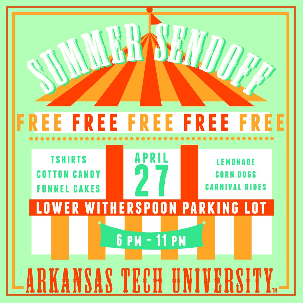 ArkansasTechSAB's tweet image. Are you ready?  Summer Send Off is coming!  Thurs. April 27, 6-11pm in Witherspoon parking lot.  Food, rides, and 500 free tshirts!