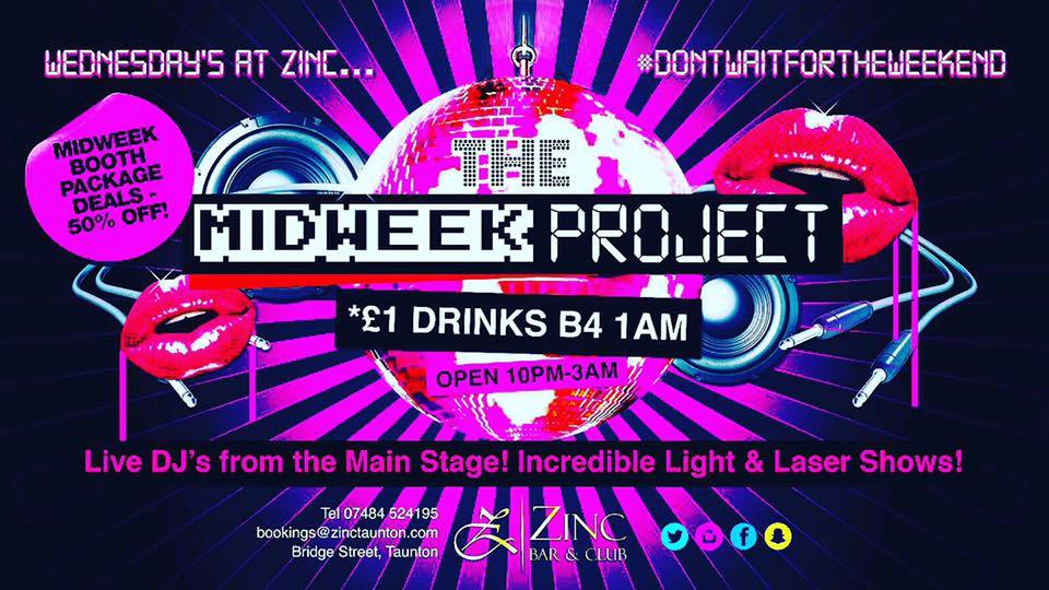 ZINCTAUNTON's tweet photo. MIDWEEK PROJECT TONIGHT @ @ZINCTAUNTON #ONEPOUNDDRINKS #LIVEDJS #THREEZONES #GETYOURZINCON #DONTWAITFORTHEWEEKEND https://t.co/rLhFogNyLA