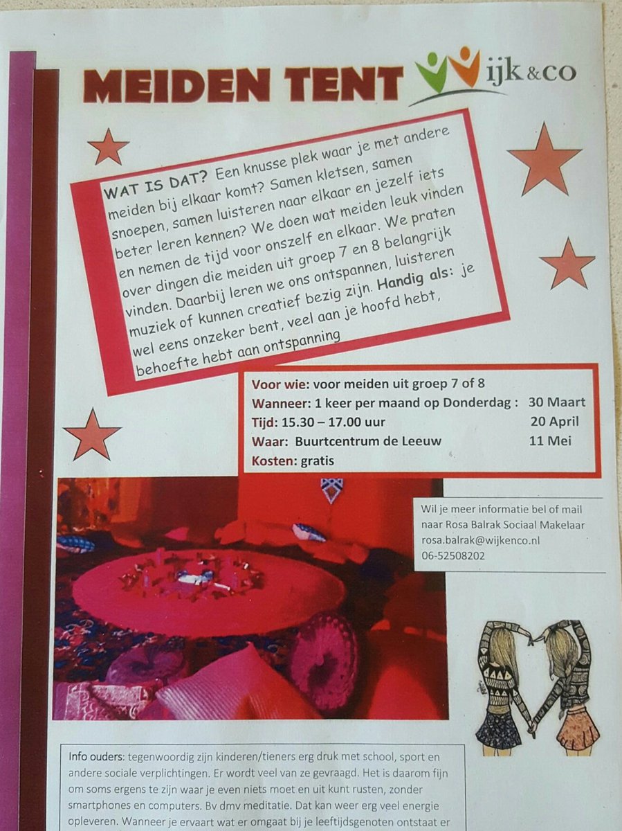 RosaDock's tweet photo. Donderdag 20 April #meiden tent in @BC_DeLeeuw 15.30-17.00 met @WijkEnCoRosa voor meiden uit groep 7 en 8. #gratis. https://t.co/e8Fd6zUMaA