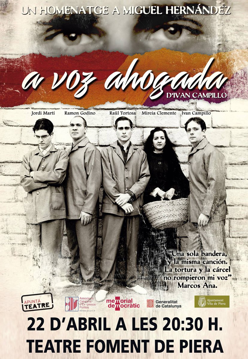 Vila de Piera (@viladepiera) on Twitter photo Dissabte 22 a les 20.30 h, al #TeatreFoment de #Piera
@A_voz_ahogada (un homenatge a Miguel Hernández)
de <a href="/APUNTATEATRE/">APUNTA TEATRE</a>
#FiraStCrist17 Dissabte 22 a les 20.30 h, al #TeatreFoment de #Piera
@A_voz_ahogada (un homenatge a Miguel Hernández)
de <a href="/APUNTATEATRE/">APUNTA TEATRE</a>
#FiraStCrist17