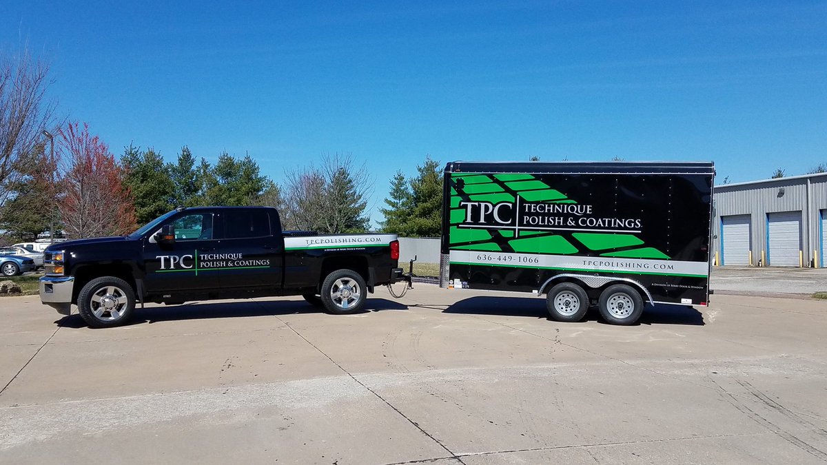 We used 3M 1080 gloss white aluminum and satin sheer luck green for this cut vinyl package on a Chevy Silverado and enclosed trailer.