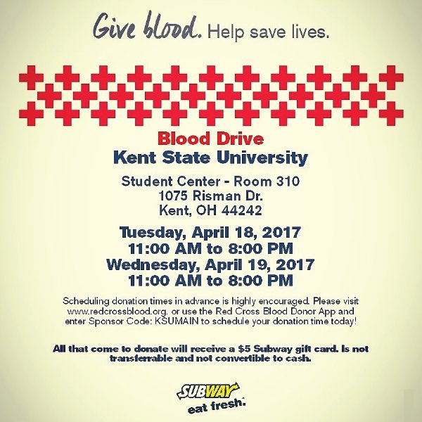 KSU_IFC's tweet photo. Don't forget about the blood drive today for @KSUGreekWeek17! Donate and received a $5 Subway gift card! https://t.co/2byTg0guB9