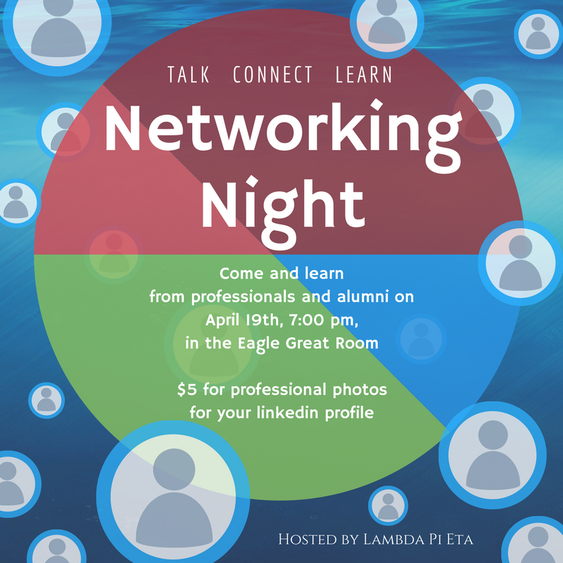 EasternU's tweet photo. TONIGHT: Lambda Pi Eta hosts its annual networking night! Hear from alumni, ask ?s about comm./media careers &amp; more! https://t.co/CGfTYD26ZV https://t.co/fAs6KGXUUP
