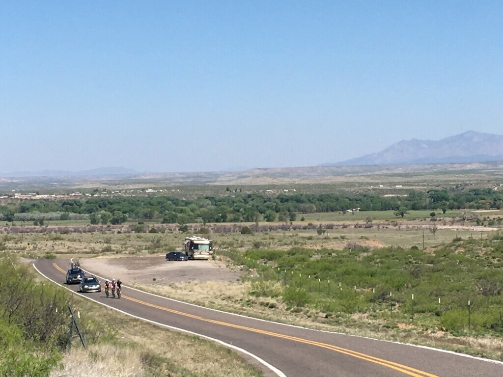 Our break of <a href="/MarcAntoineN/">Marc-Antoine Nadon</a>, <a href="/thachad/">Chad Beyer</a> and <a href="/TheBurlySheriff/">Michael Burleigh</a> are almost 6 minutes ahead of the peloton. #Gila2017