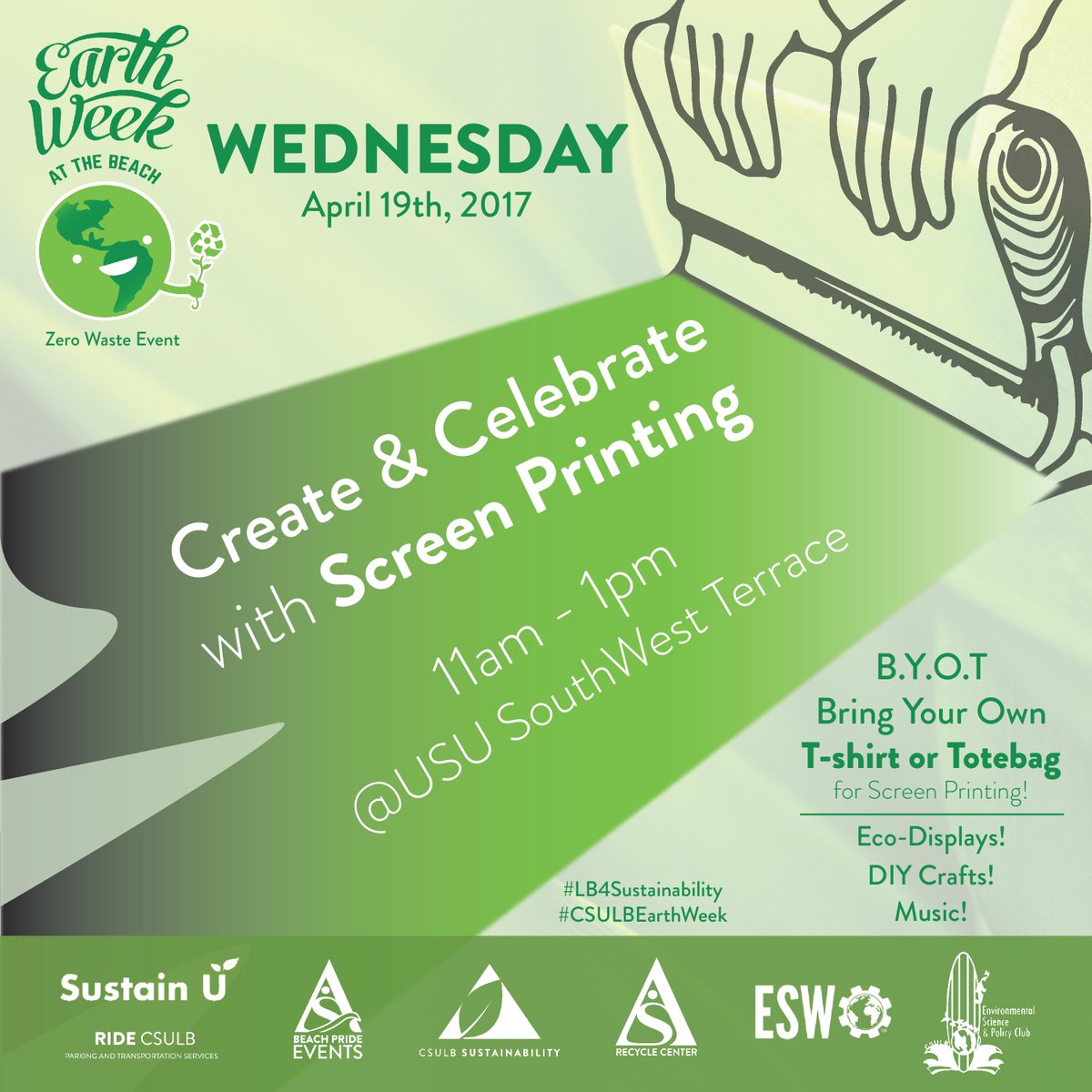 CSULB_Sustain's tweet photo. Day 3 #CSULBEarthWeek! Create & celebrate Earth Week with screen printing, succulent planting, & more arts n' crafts, SW Terrace, 11-1pm! https://t.co/pX2s2hsCa2