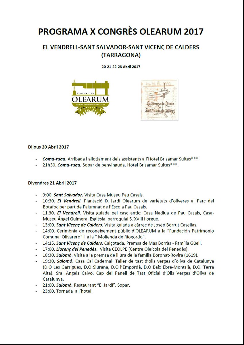 Ajunt_Salomo's tweet photo. #Salomó acull divendres 21 part de la programació del X Congrès #Olearum Cultura i patrimoni de l'#oli #CalCadernal https://t.co/N2BFX32sqb