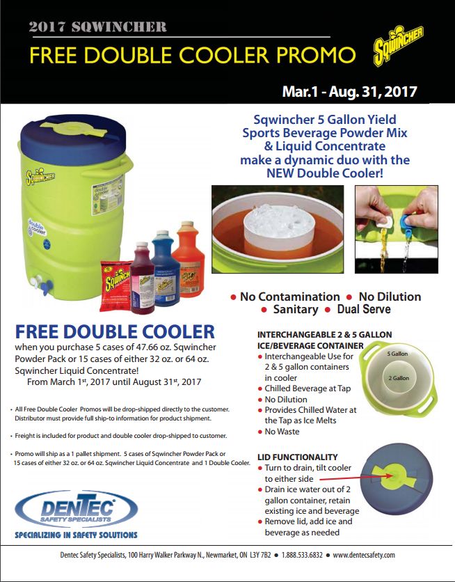 FREE #SQWINCHER COOLER with purchase of 5 cases of Powder Pack or 15 cases of Sqwincher Liquid Concentrate. Conditions apply 
03/01-08/31
