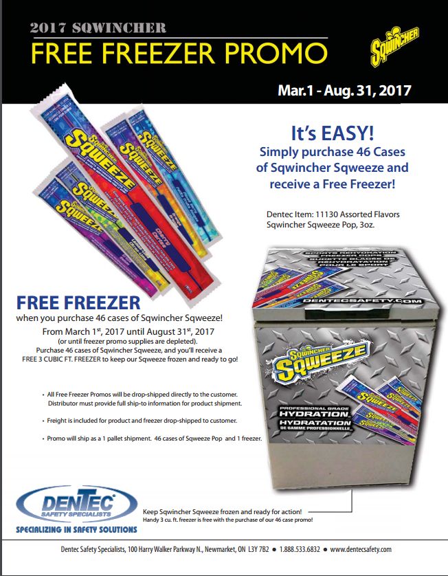 FREE #SQWINCHER FREEZER with purchase of 46 cases of Sqwincher Sqweeze!
03/01-08/31 or while promo items last
#LawlorSafety #Dentec
