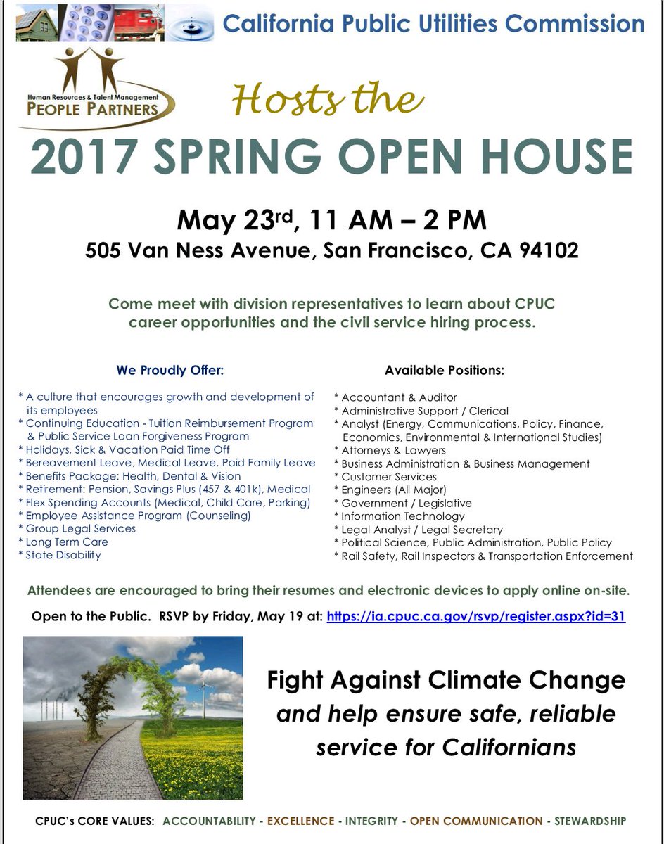 Looking for a #job? Come to #californaipuc's #CareerFair / Open House on 5/23 at 11 a.m. in #SanFrancisco! goo.gl/X8bhCG