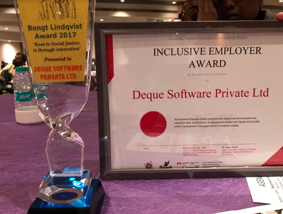 dequesystems's tweet image. We just got this award for our inclusive employment practices. Thanks to everyone on our team who works towards #DigitalInclusion #A11yWin