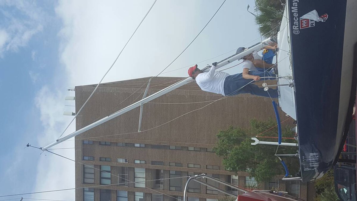 RaceMayhem's tweet photo. So glad we arrived early today. Mast is up and the beer is flowing! @CHSRaceWeek #CRW #SailFast  #CharlestonRaceWeek #SailingLife #B25 https://t.co/xVEc1etK3m