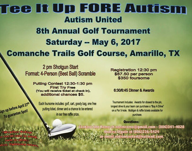 aromo19's tweet photo. So excited! It's that time! We are a few weeks away and still have a few spots available. #autism #golf #tournament https://t.co/0gq4Dn3msB