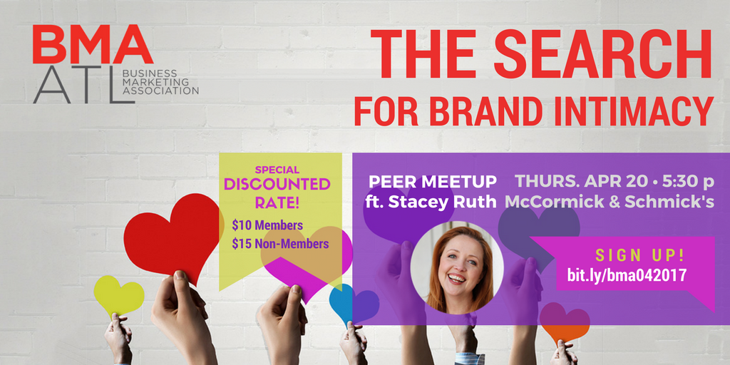 BMA_ATLYP's tweet photo. Join @bmaatlanta 2moro to develop a set of goals to grow B2B brand intimacy! 4/20/17 5:30p ft. @StaceyRuthSays | Sign up: http://bma042017 https://t.co/KbWIAKVy9F