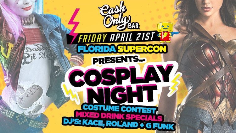 .<a href="/FloridaSupercon/">Florida Supercon</a> will be at <a href="/CashOnlyFTL/">Cash Only</a> this Friday night April 21st, for #Cosplay Night. Will you be a Hero or a Villain? #JusticeLeague