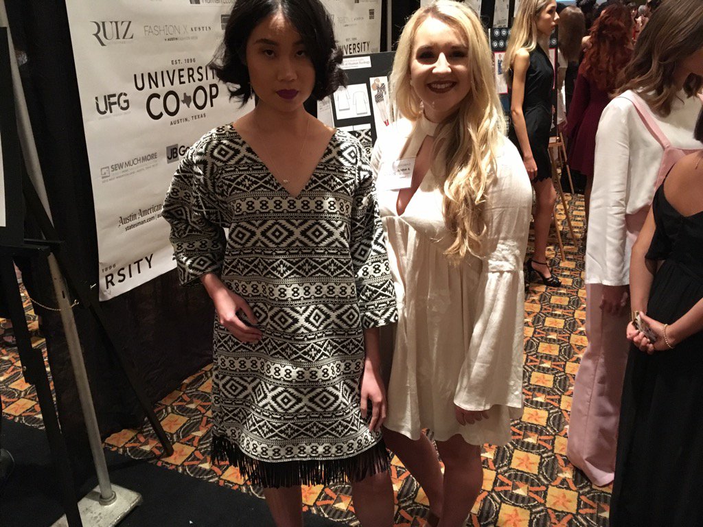 UTAustinSHE's tweet photo. Austyn &amp; her design at preshow for #UTFashionShow #UTSynthesis. Runway starts in 50 minutes at Erwin Center! https://t.co/4eepLmNDnH