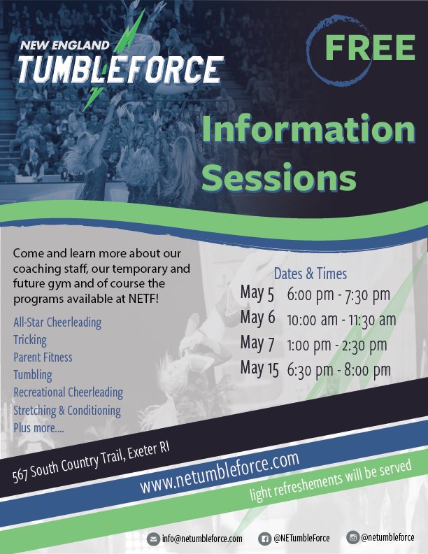 NETumbleForce's tweet image. Please join us for at one of our info sessions! #tricking #cheer #NETF #youthsports #tumbling #familyfitness #allstarcheer #RhodeIsland