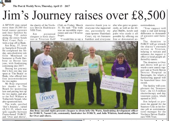 Thanks <a href="/ThePostSeries/">Post Series</a> for the article about #JimsJourney raising over £8,500, with support from <a href="/TheBeachAtBude/">The Beach At Bude</a> and <a href="/theportwilliam/">Port William</a>.